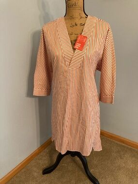NWT Riva Designs Orange and White Striped V-Neck Tunic Dress Women Size Small